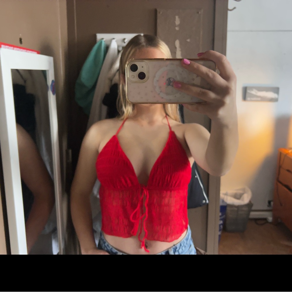 Red Lace Halter Crop Top